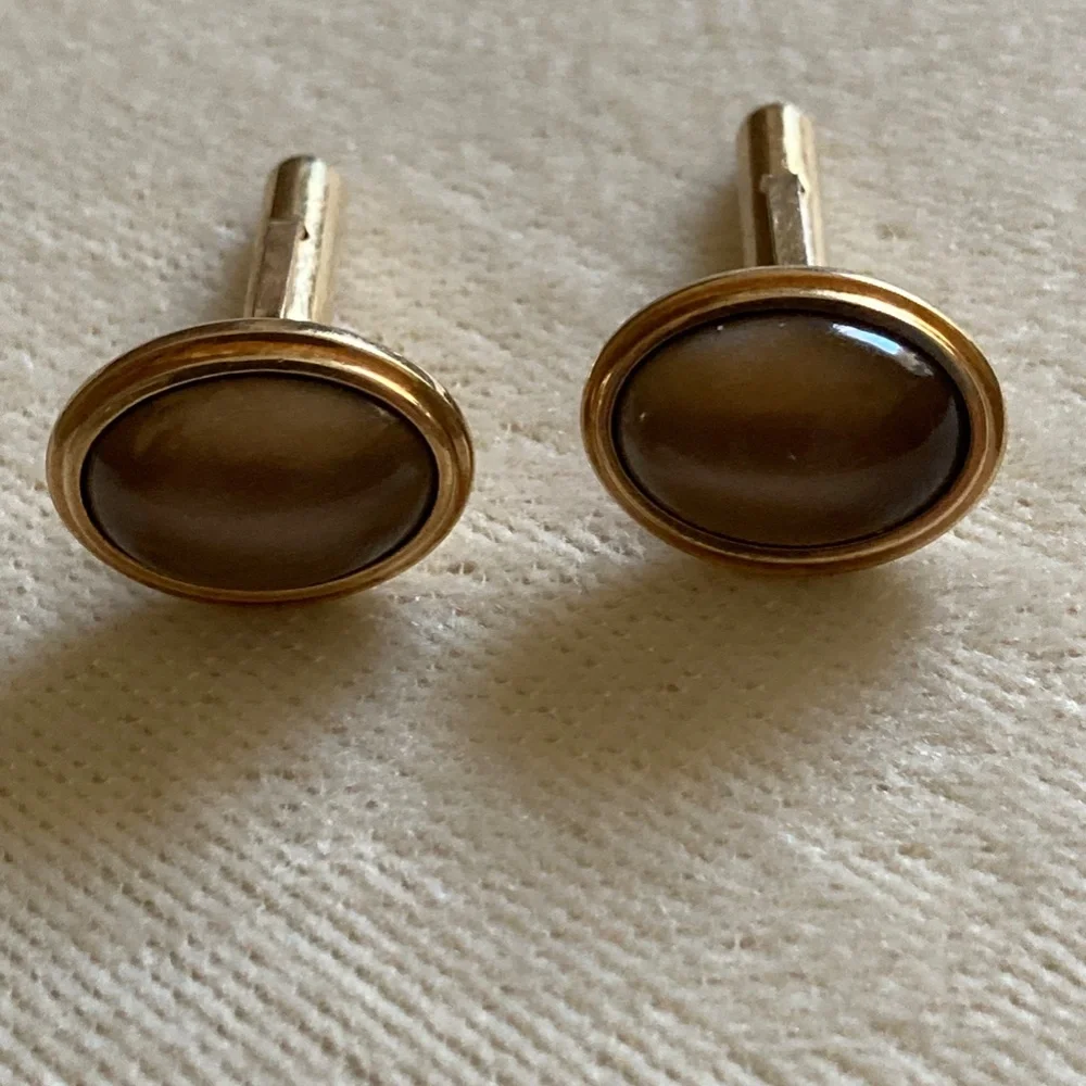 Vintage Krementz Tiger’s Eye Cufflinks– Pre-Patent 1930s • Gold Tone • Oval Dome